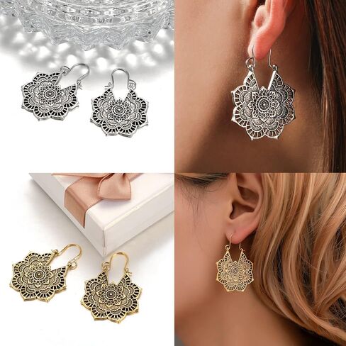 8 Pairs Boho Lotus Dangle Earrings for Women - Vintage Turquoise Western Jewelry Eardrop - Bohemian Dangling Ear Rings Native American Womens Jewelry - Valentines Mother's Day Gifts, 8 pairs, Zinc, in Kuwait