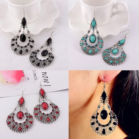 8 Pairs Boho Lotus Dangle Earrings for Women - Vintage Turquoise Western Jewelry Eardrop - Bohemian Dangling Ear Rings Native American Womens Jewelry - Valentines Mother's Day Gifts, 8 pairs, Zinc, in Kuwait