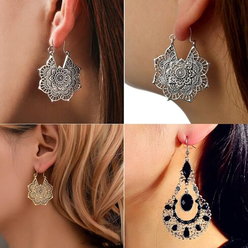 8 Pairs Boho Lotus Dangle Earrings for Women - Vintage Turquoise Western Jewelry Eardrop - Bohemian Dangling Ear Rings Native American Womens Jewelry - Valentines Mother's Day Gifts, 8 pairs, Zinc, in Kuwait