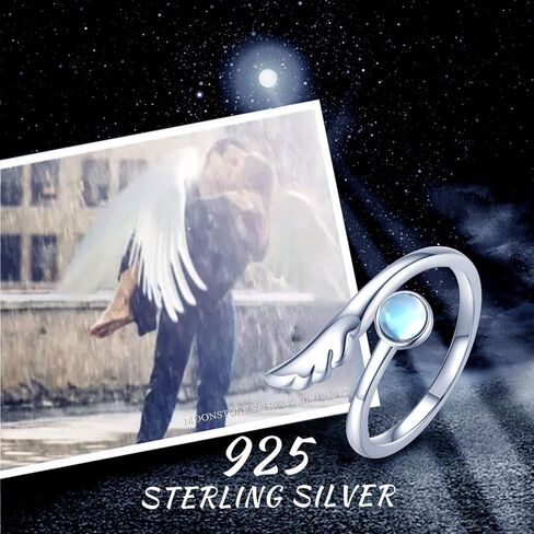 CHENGHONG حجر القمر خاتم 925 الفضة الاسترليني القط أجنحة الملاك حلقة قابل للتعديل خواتم حجر القمر مجوهرات هدايا للنساء الفتيات in Kuwait