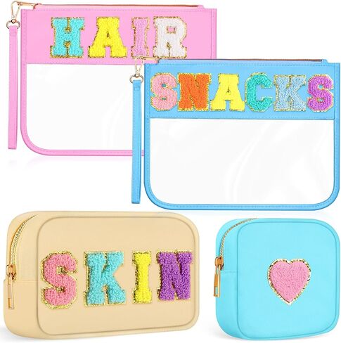 Amylove 4 Pcs Chenille Letter Bag Preppy Nylon Cosmetic Bag Letter Patches Makeup Travel Bag Makeup Pouch Clear Zipper Toiletry Bag for Women Beach Travel Organizer(Pink Face) in Saudi Arabia