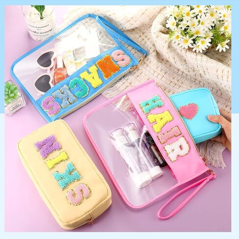 Amylove 4 Pcs Chenille Letter Bag Preppy Nylon Cosmetic Bag Letter Patches Makeup Travel Bag Makeup Pouch Clear Zipper Toiletry Bag for Women Beach Travel Organizer(Pink Face) in Saudi Arabia