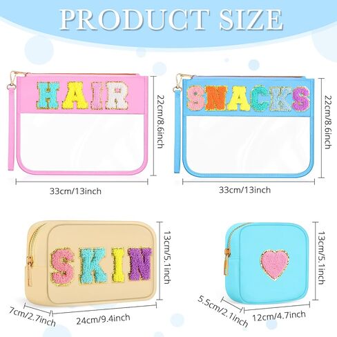 Amylove 4 Pcs Chenille Letter Bag Preppy Nylon Cosmetic Bag Letter Patches Makeup Travel Bag Makeup Pouch Clear Zipper Toiletry Bag for Women Beach Travel Organizer(Pink Face) in Saudi Arabia