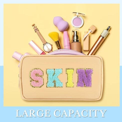 Amylove 4 Pcs Chenille Letter Bag Preppy Nylon Cosmetic Bag Letter Patches Makeup Travel Bag Makeup Pouch Clear Zipper Toiletry Bag for Women Beach Travel Organizer(Pink Face) in Saudi Arabia