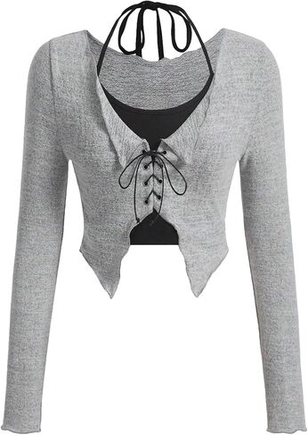 GORGLITTER Women's Lace Up Front Tie Back Crop Tee Asymmetrical Hem Long Sleeve T-Shirt in Saudi Arabia