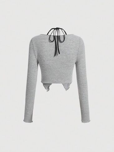 GORGLITTER Women's Lace Up Front Tie Back Crop Tee Asymmetrical Hem Long Sleeve T-Shirt in Saudi Arabia