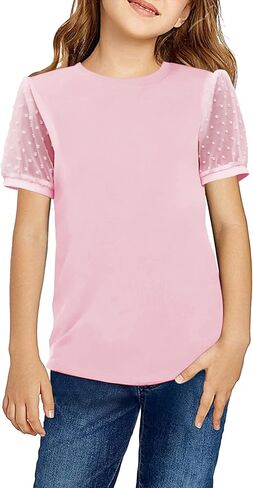 Arshiner Girls Shirt Cute Puff Sleeves Short Sleeves T Shirt for Girls Polka Swiss Dots Summer Blouse for Girls Tunic Tee Top in Saudi Arabia