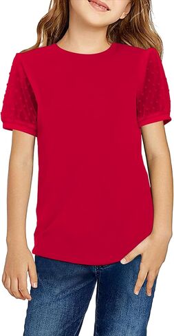 Arshiner Girls Shirt Cute Puff Sleeves Short Sleeves T Shirt for Girls Polka Swiss Dots Summer Blouse for Girls Tunic Tee Top in Saudi Arabia