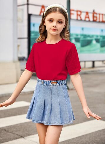Arshiner Girls Shirt Cute Puff Sleeves Short Sleeves T Shirt for Girls Polka Swiss Dots Summer Blouse for Girls Tunic Tee Top in Saudi Arabia