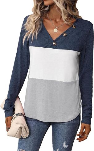 Milumia Women's Color Block Long Sleeve Tee Shirt Casual V Neck Button T-Shirts Tops in Saudi Arabia