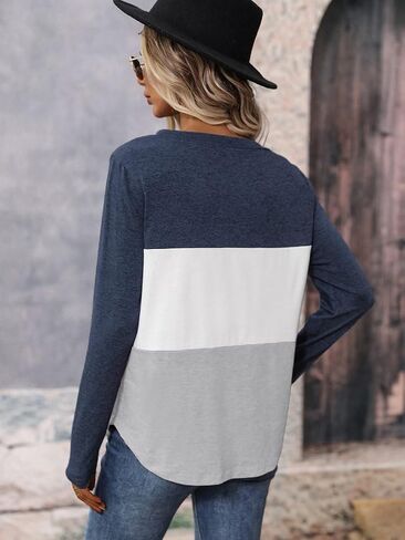Milumia Women's Color Block Long Sleeve Tee Shirt Casual V Neck Button T-Shirts Tops in Saudi Arabia