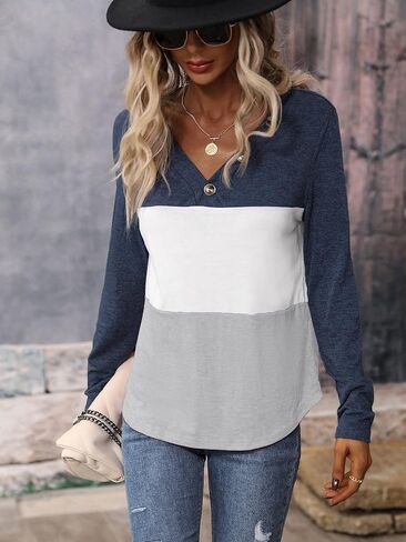 Milumia Women's Color Block Long Sleeve Tee Shirt Casual V Neck Button T-Shirts Tops in Saudi Arabia