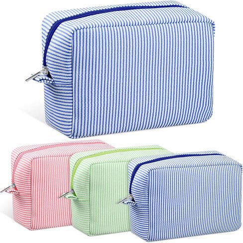 Sanwuta 3 Pack Seersucker Makeup Bag Gifts for Christmas Women Girls Preppy Birthday Gifts Idea for Teenage Travel Bag Pink Bule Stripe Cute Cosmetic Bag Pouch Toiletry Bag for Women Friend Teacher in Kuwait