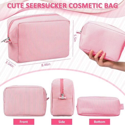 Sanwuta 3 Pack Seersucker Makeup Bag Gifts for Christmas Women Girls Preppy Birthday Gifts Idea for Teenage Travel Bag Pink Bule Stripe Cute Cosmetic Bag Pouch Toiletry Bag for Women Friend Teacher in Kuwait