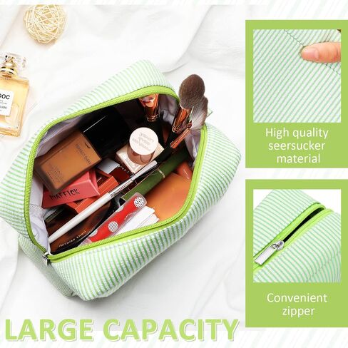 Sanwuta 3 Pack Seersucker Makeup Bag Gifts for Christmas Women Girls Preppy Birthday Gifts Idea for Teenage Travel Bag Pink Bule Stripe Cute Cosmetic Bag Pouch Toiletry Bag for Women Friend Teacher in Kuwait