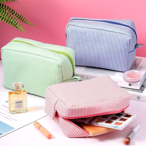 Sanwuta 3 Pack Seersucker Makeup Bag Gifts for Christmas Women Girls Preppy Birthday Gifts Idea for Teenage Travel Bag Pink Bule Stripe Cute Cosmetic Bag Pouch Toiletry Bag for Women Friend Teacher in Kuwait