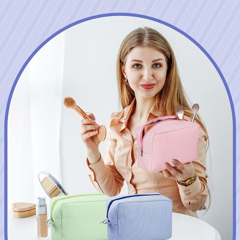 Sanwuta 3 Pack Seersucker Makeup Bag Gifts for Christmas Women Girls Preppy Birthday Gifts Idea for Teenage Travel Bag Pink Bule Stripe Cute Cosmetic Bag Pouch Toiletry Bag for Women Friend Teacher in Kuwait