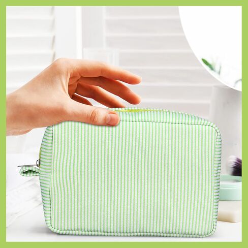 Sanwuta 3 Pack Seersucker Makeup Bag Gifts for Christmas Women Girls Preppy Birthday Gifts Idea for Teenage Travel Bag Pink Bule Stripe Cute Cosmetic Bag Pouch Toiletry Bag for Women Friend Teacher in Kuwait