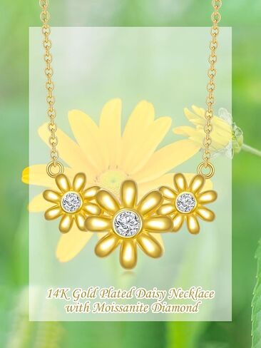 WTYIM 14K Gold Plated Daisy Flower Pendant Necklace, Moissanite Diamond Three Daisies Necklace for Women, Daisy Jewelry Gift for Mom Daughter Anniversary Birthday Christmas Gift for Wife Girlfriend in Kuwait