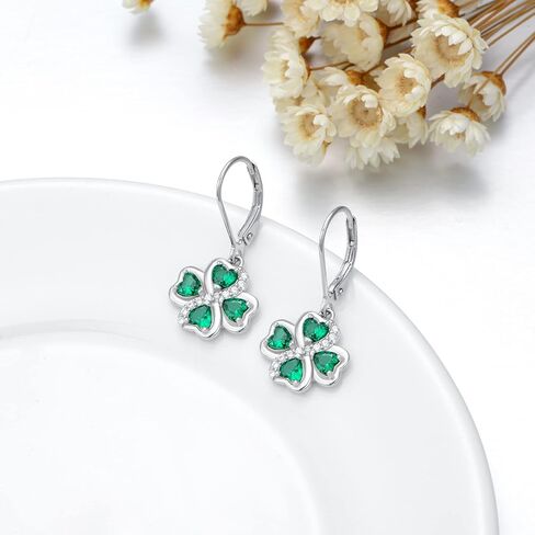 NIFUNAO Clover Earrings for Women 925 Sterling Silver Leverback Shamrock Earrings St Patricks Day Earrings Irish Jewelry Gifts for Women Girls, Sterling Silver, Zircon in Kuwait