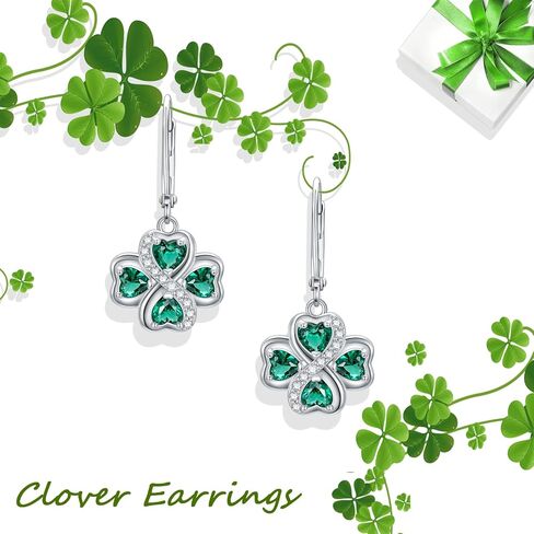 NIFUNAO Clover Earrings for Women 925 Sterling Silver Leverback Shamrock Earrings St Patricks Day Earrings Irish Jewelry Gifts for Women Girls, Sterling Silver, Zircon in Kuwait
