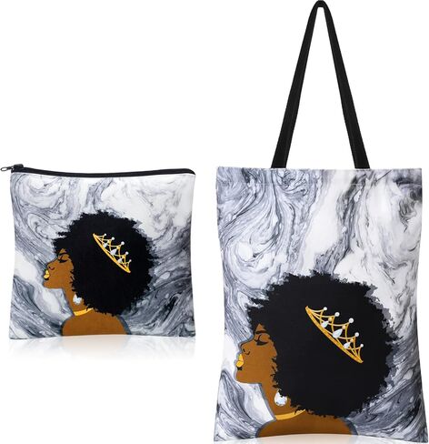 Amylove 2 Pieces Black Women Tote Bag African American Art Makeup Bag Set Cute Shoulder Handbag Cosmetic Bag Toiletry Zipper Purse Travel Gift Bag Accessories Organizer for Women Girls in Saudi Arabia
