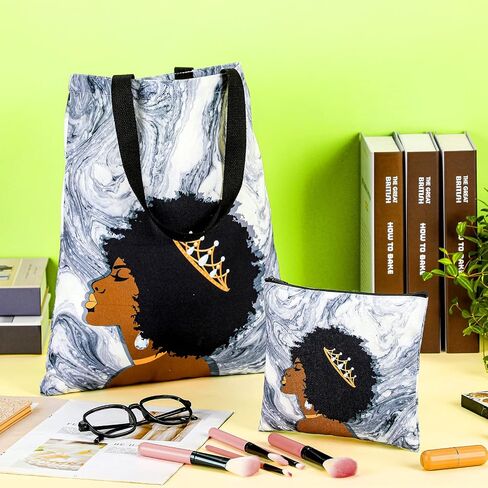 Amylove 2 Pieces Black Women Tote Bag African American Art Makeup Bag Set Cute Shoulder Handbag Cosmetic Bag Toiletry Zipper Purse Travel Gift Bag Accessories Organizer for Women Girls in Saudi Arabia