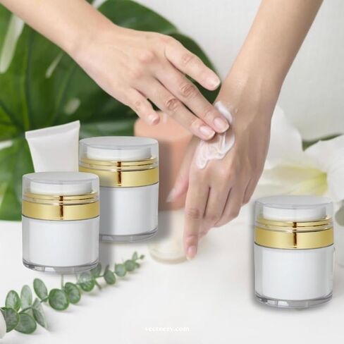 HOURGLOW Gold Airless Pump Jar 1.7 OZ 3pck, Empty Refillable Cosmetic Pump Bottle for Moisturizer, Cream, Lotion, Toiletries, Skincare, Travel Toiletries, Travel Essentials, Must Haves in Saudi Arabia