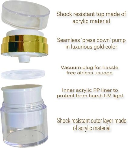 HOURGLOW Gold Airless Pump Jar 1.7 OZ 3pck, Empty Refillable Cosmetic Pump Bottle for Moisturizer, Cream, Lotion, Toiletries, Skincare, Travel Toiletries, Travel Essentials, Must Haves in Saudi Arabia
