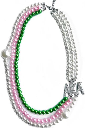 Personality Black Women sorority society ALPHA letter label Pink green multilayer pearl bead necklace, Pearl, Rhinestone in Kuwait