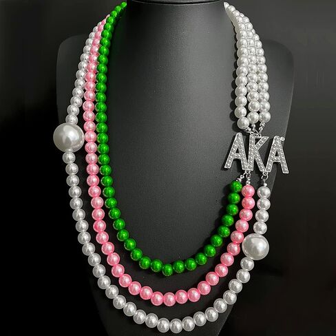 Personality Black Women sorority society ALPHA letter label Pink green multilayer pearl bead necklace, Pearl, Rhinestone in Kuwait