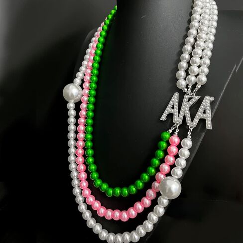 Personality Black Women sorority society ALPHA letter label Pink green multilayer pearl bead necklace, Pearl, Rhinestone in Kuwait