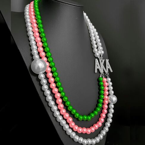Personality Black Women sorority society ALPHA letter label Pink green multilayer pearl bead necklace, Pearl, Rhinestone in Kuwait