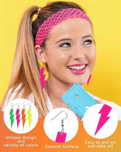 4 ازواج اقراط نيون بنمط الثمانينيات من جيلي، اقراط متدلية من الاكريليك بلون كاندي للنساء، اقراط متدلية ملونة رترو للنساء لحفلات الرقص التنكرية بنمط الثمانينيات in Kuwait