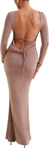 فستان LuFeng النسائي المثير بأكمام طويلة ورقبة على شكل قارب بدون ظهر وربطة خصر وظهر كاجوال فستان ماكسي ضيق in Kuwait