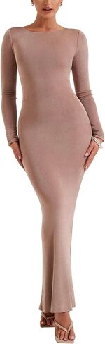 فستان LuFeng النسائي المثير بأكمام طويلة ورقبة على شكل قارب بدون ظهر وربطة خصر وظهر كاجوال فستان ماكسي ضيق in Kuwait