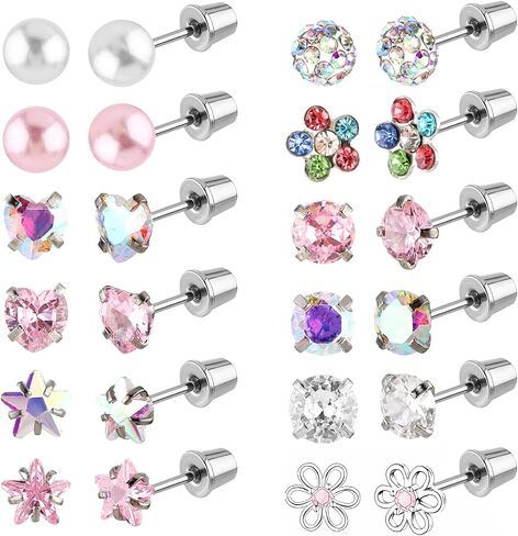 12 Pairs Cubic Zirconia Earrings for Women 316L Surgical Steel Flat Back Love Flowers Pearls Colourful Zirconia Earrings in Saudi Arabia
