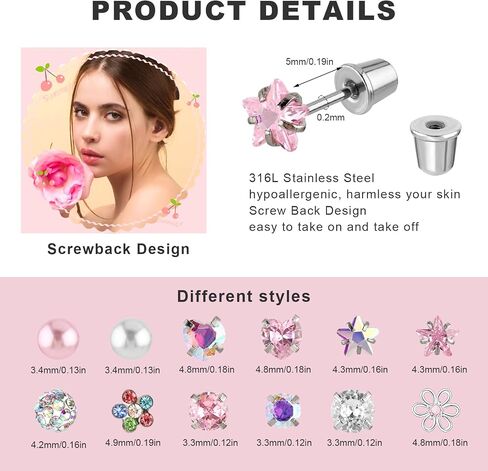 12 Pairs Cubic Zirconia Earrings for Women 316L Surgical Steel Flat Back Love Flowers Pearls Colourful Zirconia Earrings in Saudi Arabia