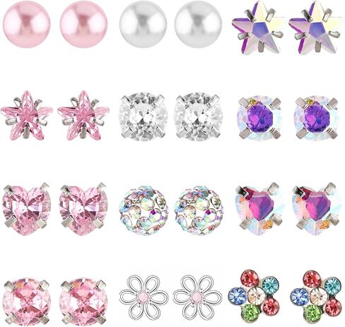 12 Pairs Cubic Zirconia Earrings for Women 316L Surgical Steel Flat Back Love Flowers Pearls Colourful Zirconia Earrings in Saudi Arabia