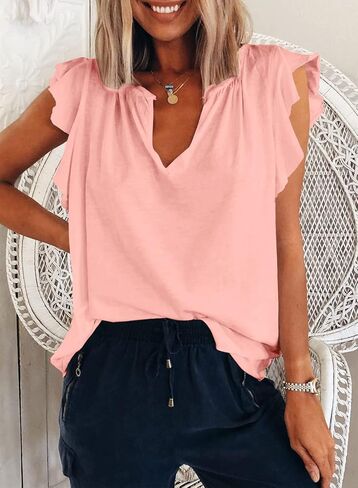 قمصان Kikula النسائية الصيفية اللطيفة العصرية ذات الأكمام القصيرة والرقبة على شكل حرف V، ملابس كاجوال أنيقة in Kuwait