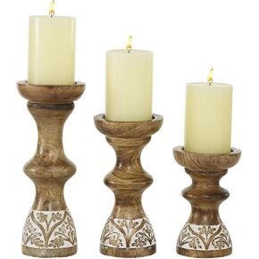 Deco 79 Wood Decorative Candle Holder Candle Stand, Set of 3 Candlestick Holder 6", 8", 10"H, Brown