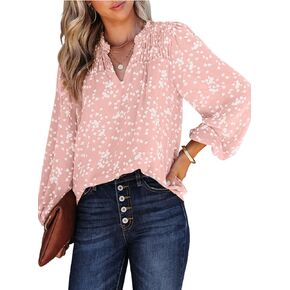 BLENCOT Women's Casual Boho Floral Print Chiffon Blouses Smocked V Neck Long Sleeve Loose Tops Shirts
