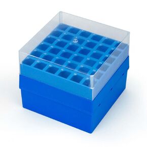 Globe Scientific 3058 Storage Box with Lid for 15mL Centrifuge Tube, 36-Place, 6x6, PP, Blue Base & Clear Lid, Pack of 4