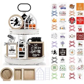 Farmhouse Christmas Tiered Tray Decor Set Year Round Seasonal Interchangeable Holiday Rustic Wooden Frames with Cards Ladder for Home Kitchen Table Decorations Centerpiece