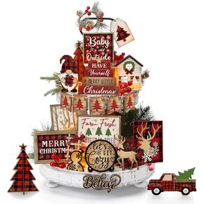 Shellwei 24 Pcs Christmas Tiered Tray Decor Wood Rustic Christmas Decoration for Home Table Shelf Christmas Winter Farmhouse Decor Xmas Trees Gnome Elk Snowflake Wooden Signs Buffalo Plaid Table Decor