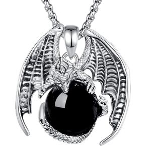 Vito Obsidian Dragon Necklace for Women Men, Crystal Black Onyx Ball Dragon Pendant Lucky Energy Amulet Jewelry Gift for Daughter Son, 22"+24"