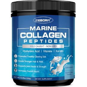 ZEBORA Marine Collagen Peptides Powder with Hyaluronic Acid, Keratin - Wild Caught Hydrolyzed Fish Collagen with Multivitamins - Support Skin Hair Nail Joints, Keto Friendly, 35 Servings