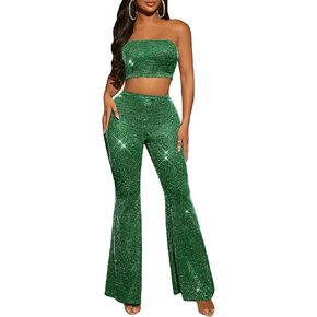 WDIRARA Women's 2 Piece Outfit Glitter Crop Bandeau Tube Top and Flare Leg Party Pants Set Silver Medium