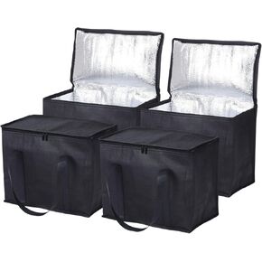 PATIKIL 4 Pack Insulated Reusable Grocery Bag, X-Large Cooler Bags with Zipper Thermal Food Bag for Hot/Cold Food Groceries Travel Beach, Black (16"x10"x13")