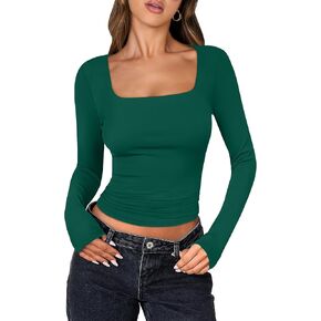 ANRABESS Women Long Sleeve Crop Tops Shirts Square Neck Tight Fitted Going Out T-Shirt Basic Tee Outfits 2024 Trendy